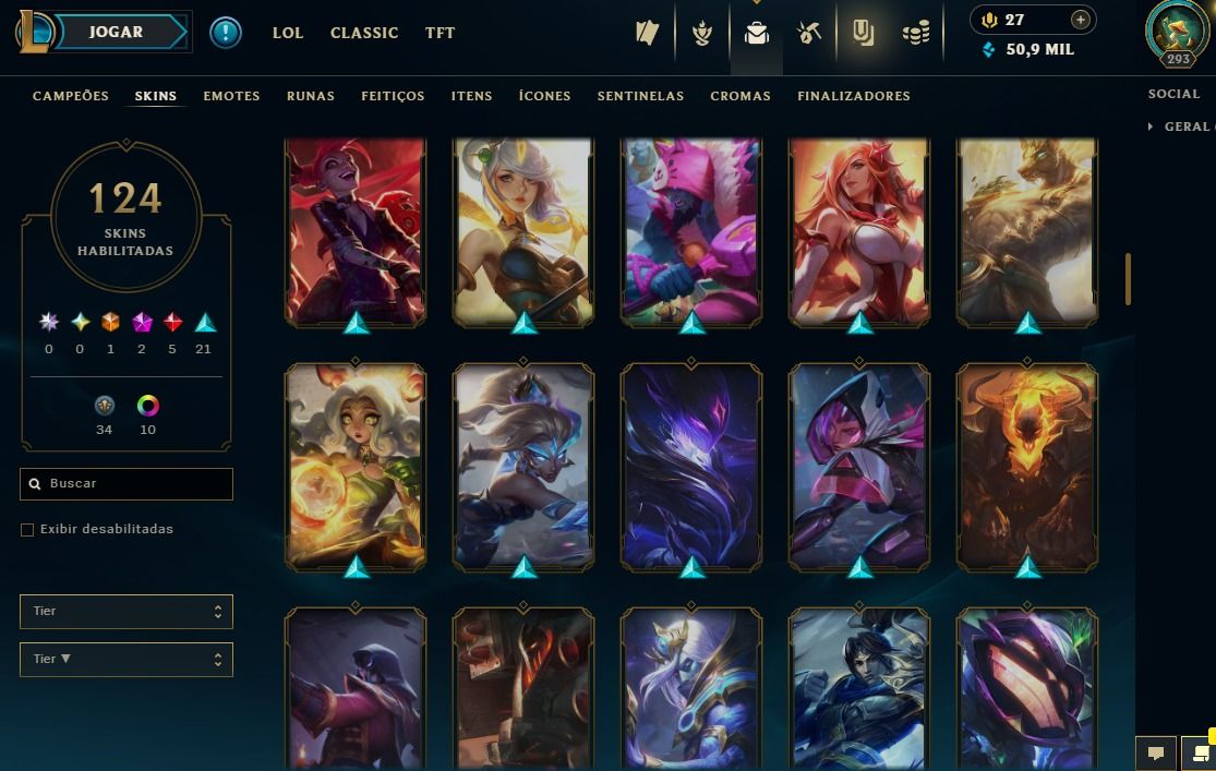 Full Acesso - 124 Skins - Todos Campeões - Level 293 - 50 Mil Essencia Azul