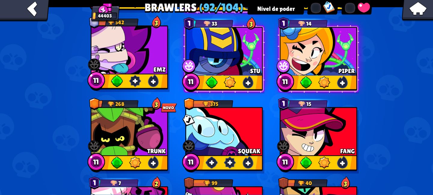 Brawl stars. 44k de troféus 92/104 brawlers 34 nível máximo. Pra sair logo