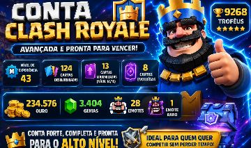 Conta Clash Royale Nvl 43, 9268 Troféus, 3404 Gemas, 13 Cartas Max, 8 Evoluções