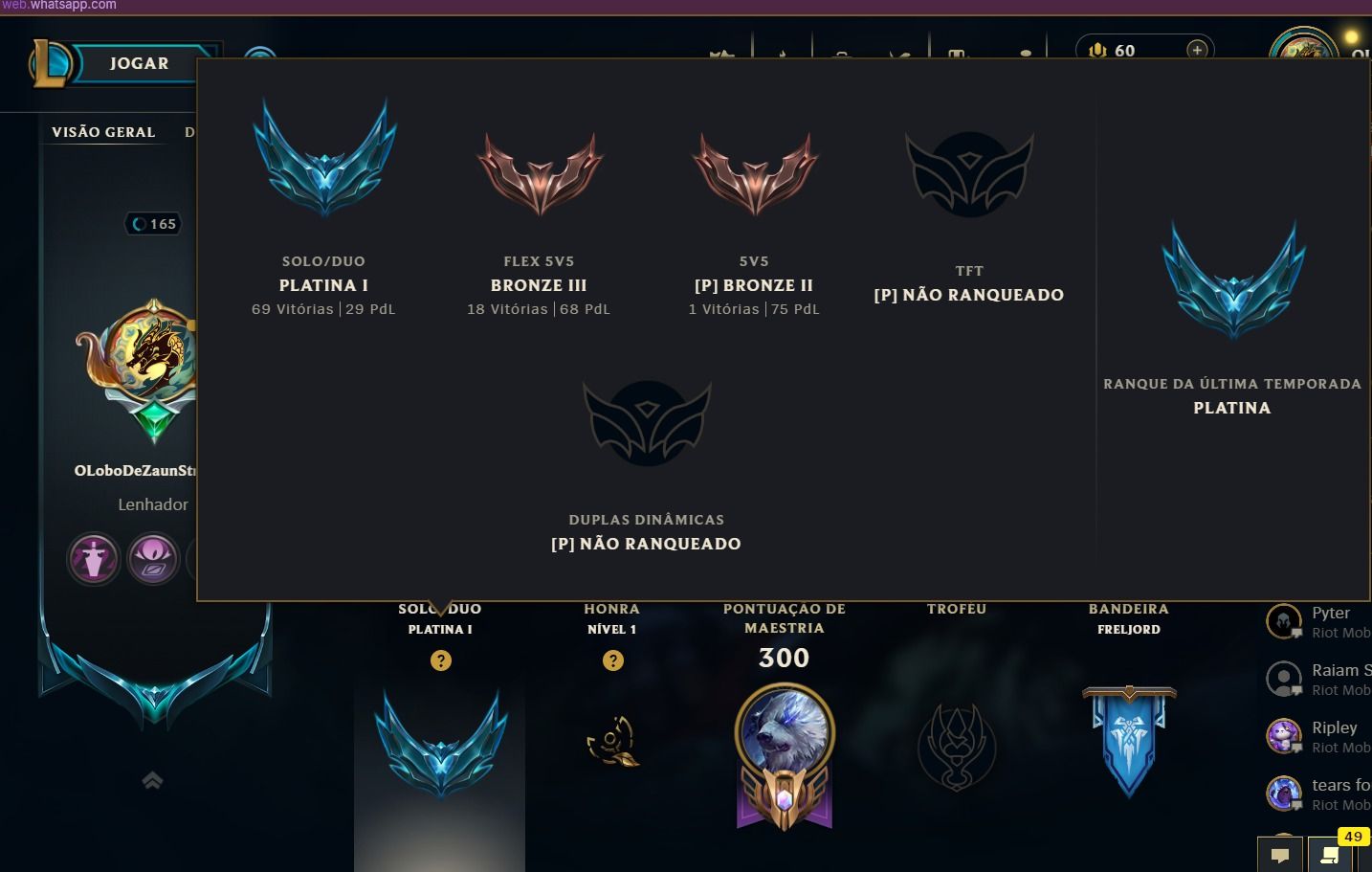 Conta LoL Platina I | 88 Skins (4 Lendárias) | 52 Mil EA p/ Campeões