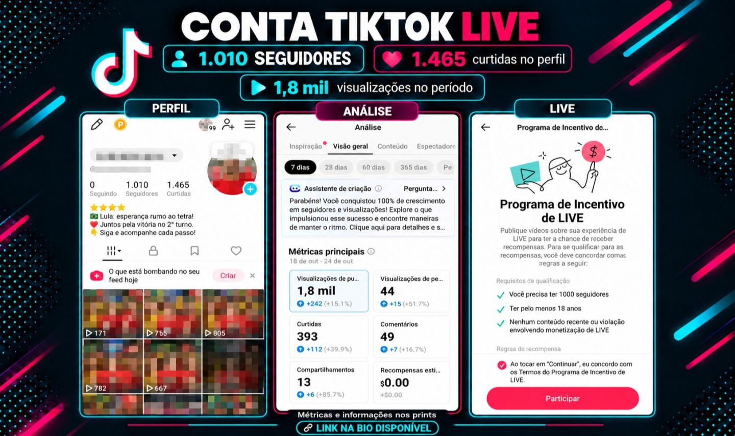 CONTA TIKTOK LIVE 1.010 SEGUIDORES REAIS | LINK NA BIO