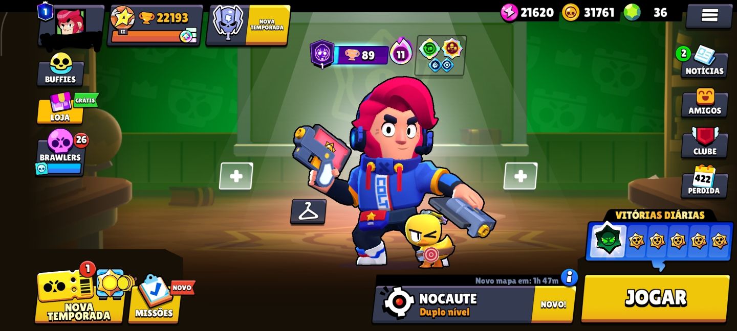 Conta de brawl Star com Colt desafiante entre outras skin raras