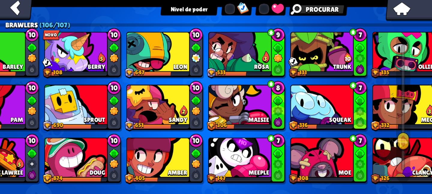 CONTA BRAWL STARS RARA DE 2019 68K TR 106/106 BRAWLERS 446 SKINS 60 HIPER