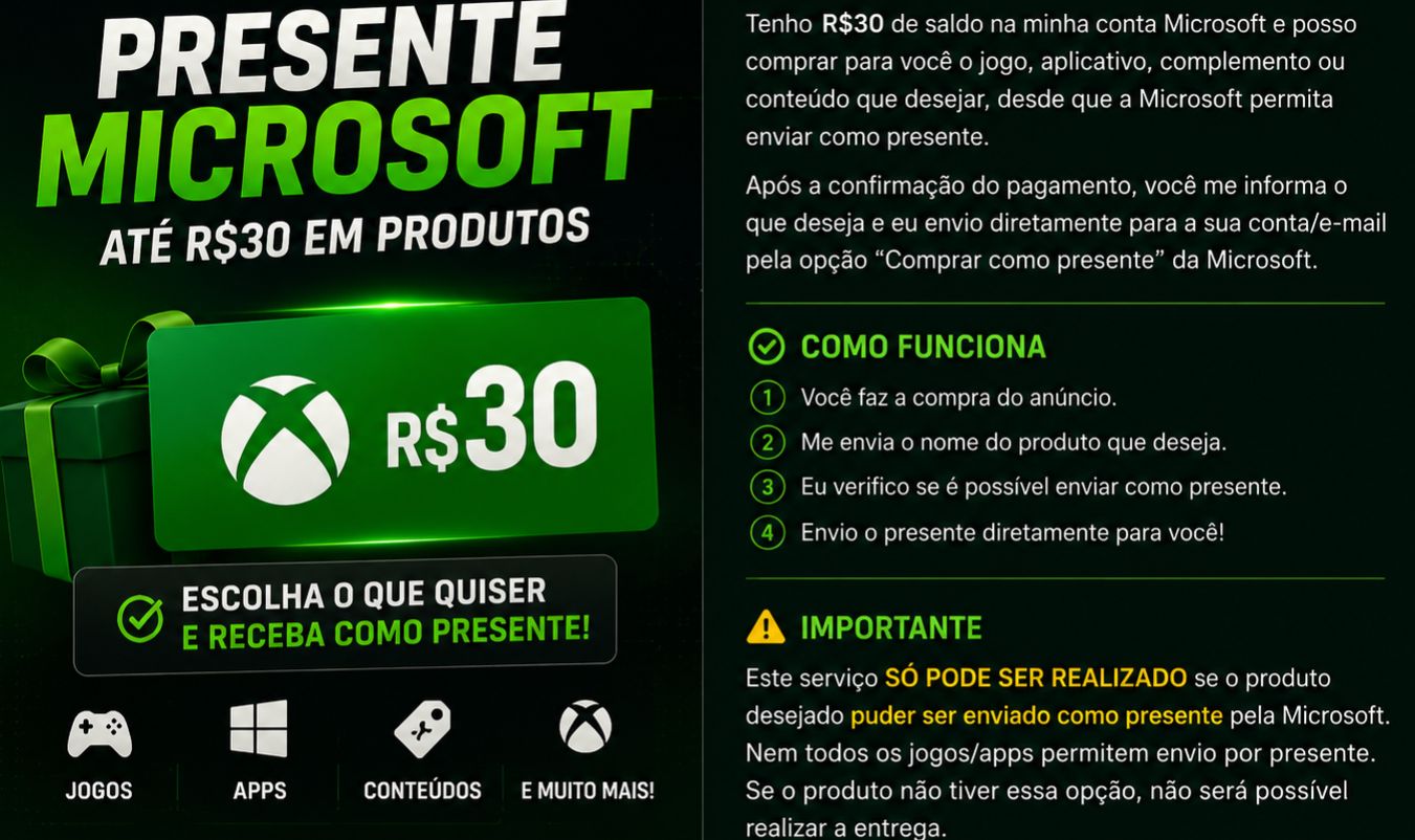 R$30 SALDO MICROSOFT | JOGOS E APPS COMO PRESENTE