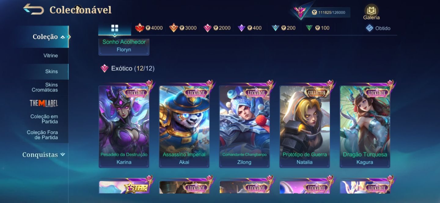 CONTA MLBB 342 SKINS IMORTAL | LEGEND, COLLECTOR, KOF, DUCATI, SANRIO