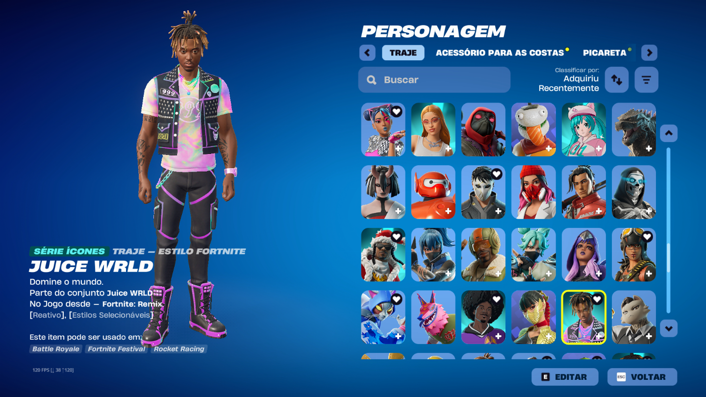 Conta de Fortnite com picareta do kratos entre outras skins e picaretas