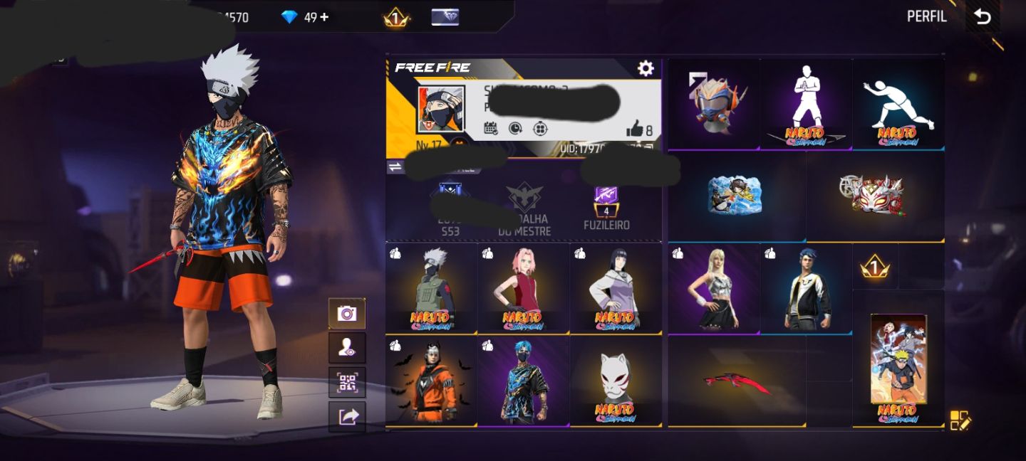 CONTA FF NIVEL 17 + MORCEGO CAÓTICO + 3 SKINS DO NARUTO + 2 GELOS (SEU EMAIL)