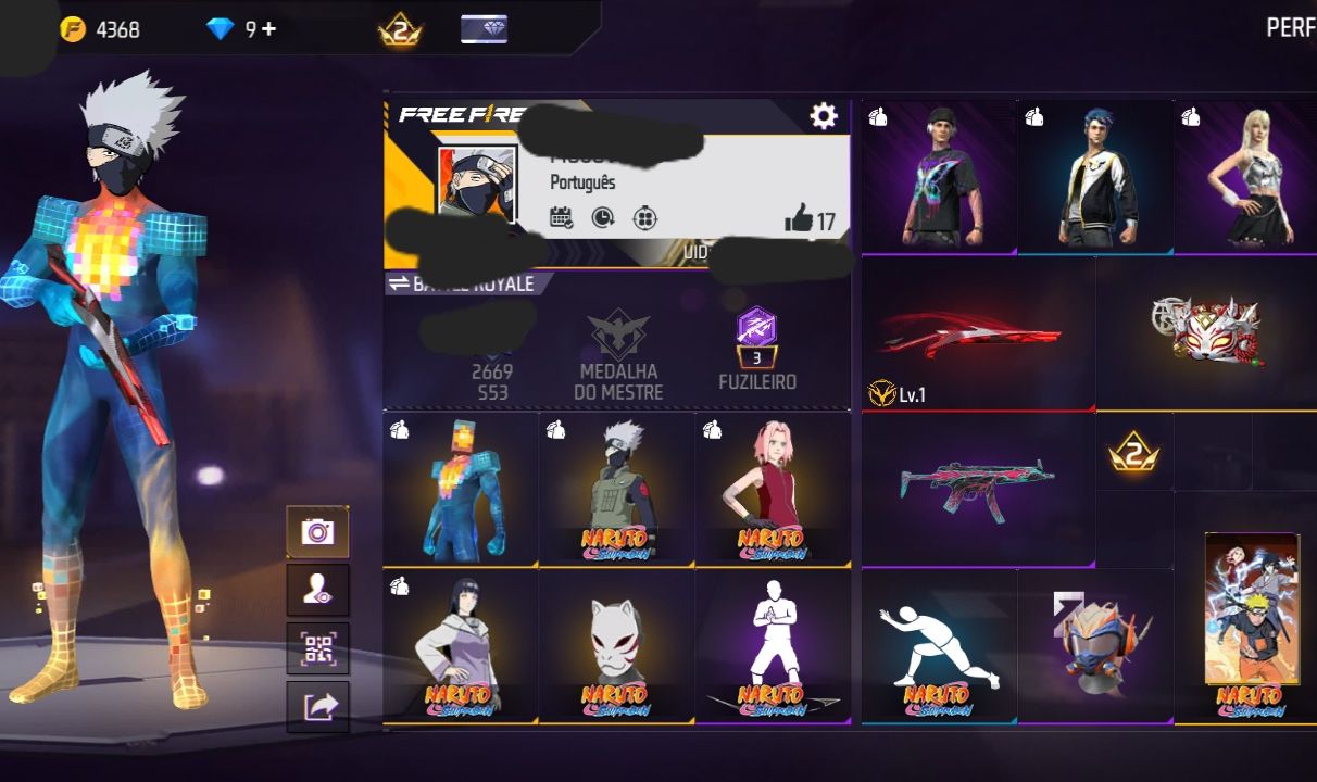 CONTA FF NÍVEL 30 + SUPER PIXEL + 3 SKINS DO NARUTO + 1 ARMA EVOLUTIVA