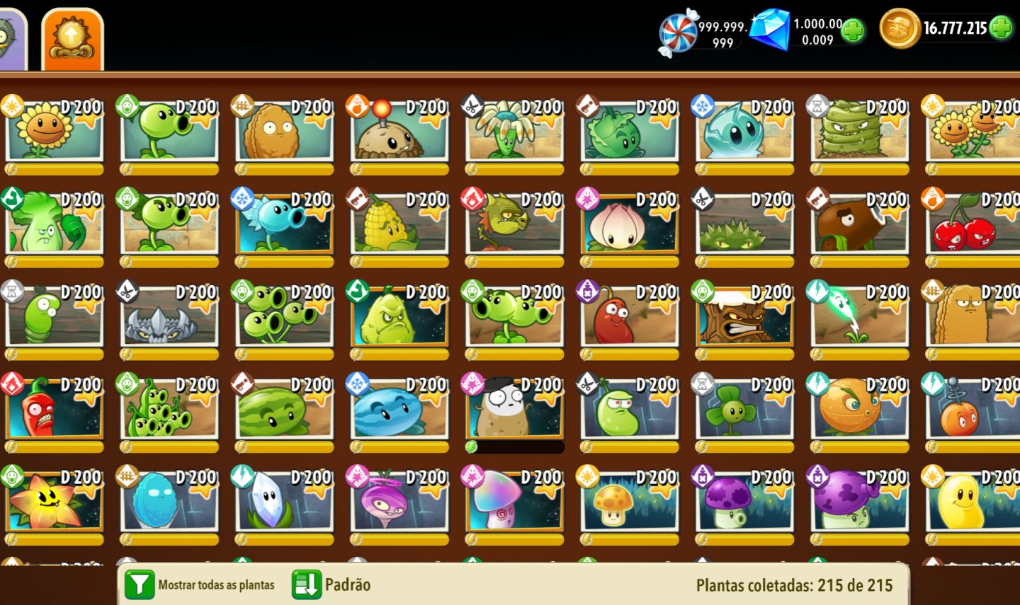 Conta Plants vs Zombies 2 Com Muitos Recursos e Todas as Plantas
