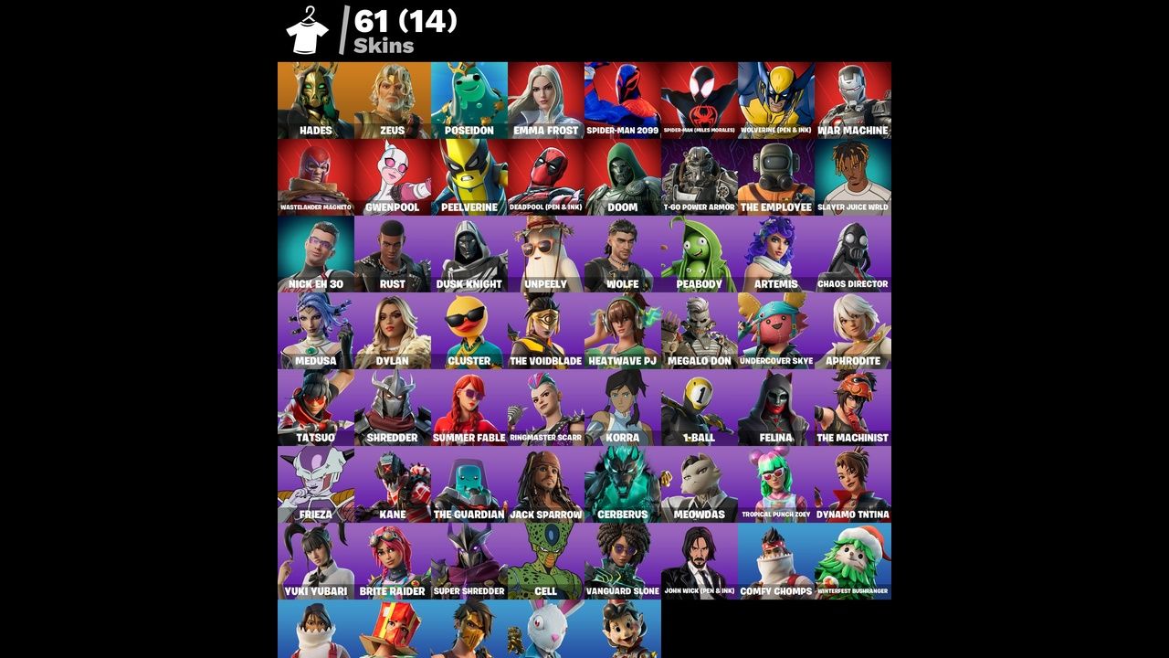 Conta Fortnite 61 SKINS/ Nick HE 30/ SPIDERMAN/ Freeza/ Cell/ Magneto