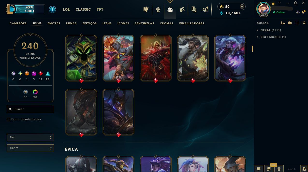 Conta LOL e Valorant - 240 Skins, Nivel 440, MMR Platina/Esmeralda(LOL e VAVA)