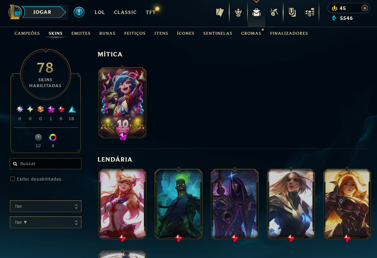Conta LOL com 78 skins:SKIN LENDÁRIA DE AHRI, JHIN, BRAND, KAYLE, CAITLYN, LEONA