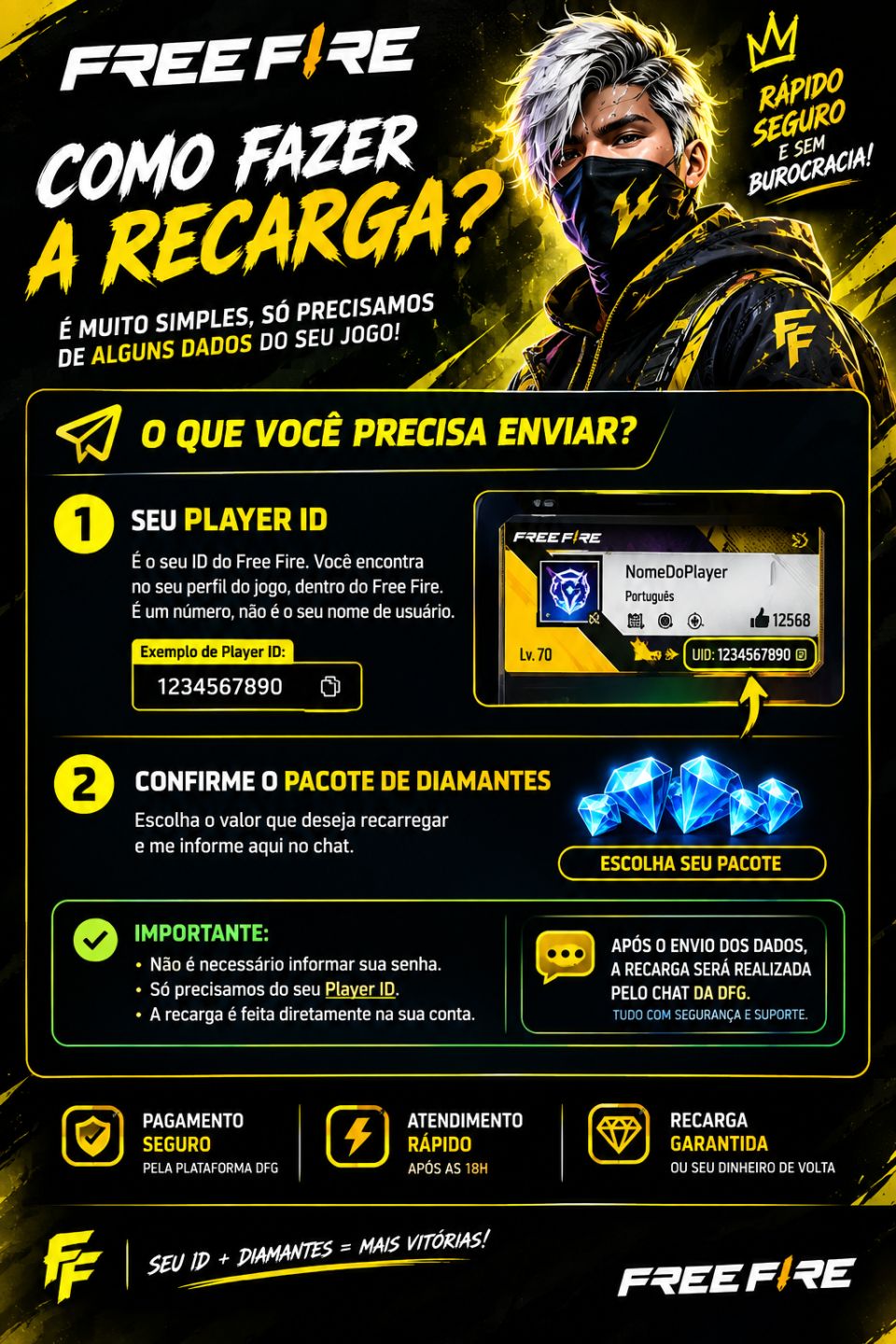 Diamantes Free Fire via ID | Entrega Rápida + Bônus