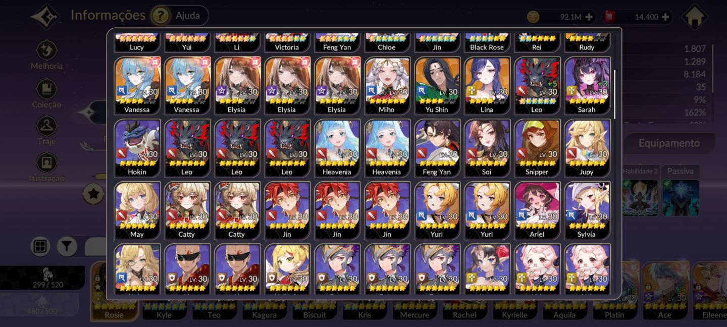 Conta top ranking com vários personagens equipamentos e acessórios lendários