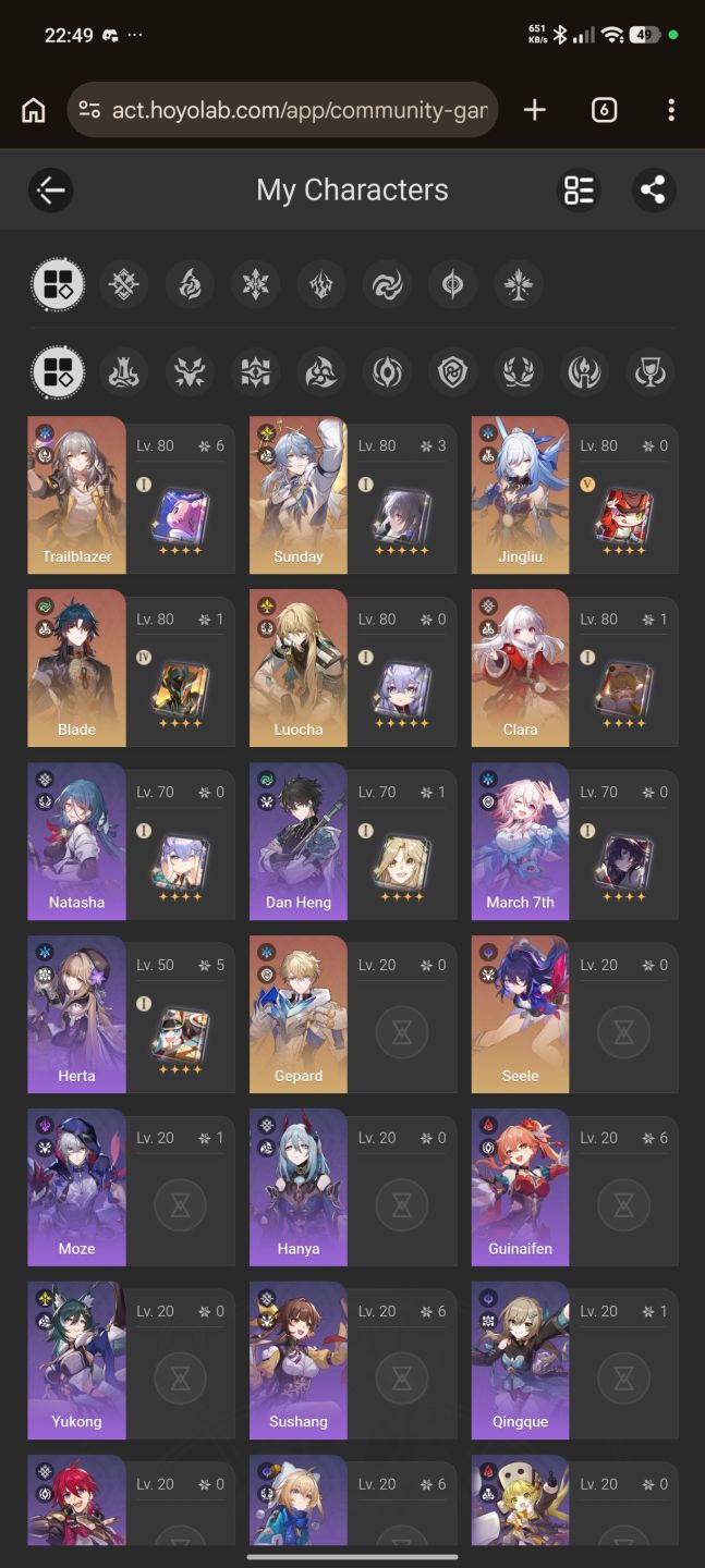 Conta de honkai com duas accs(sparxie, yao guang, cyrene+cone+Castorice+cone+++