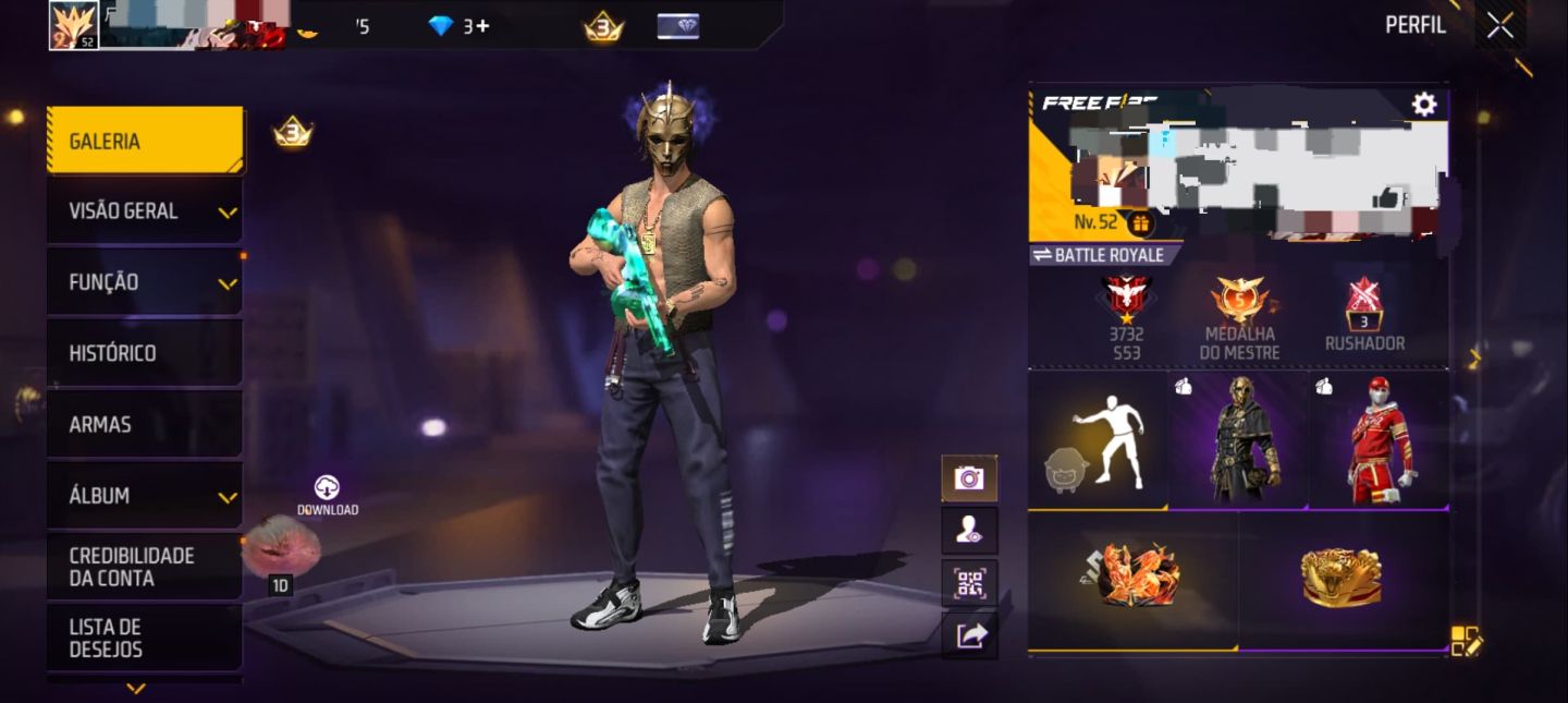 CONTA FREE FIRE NÍVEL 52, MUITO COMPLETA!
