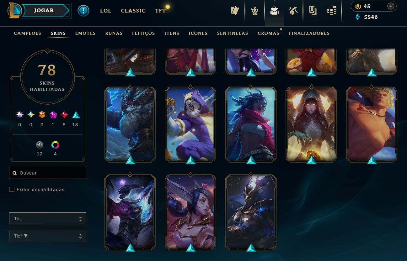 Conta LOL com 78 skins:SKIN LENDÁRIA DE AHRI, JHIN, BRAND, KAYLE, CAITLYN, LEONA
