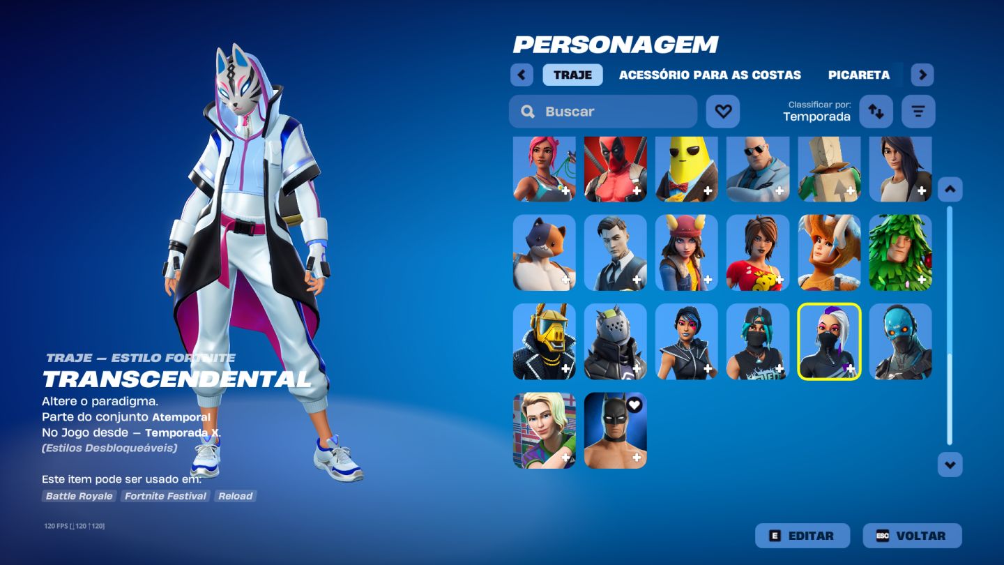 Conta Fortnite com Transcendental e outra skins da Temporada X e mais temporadas