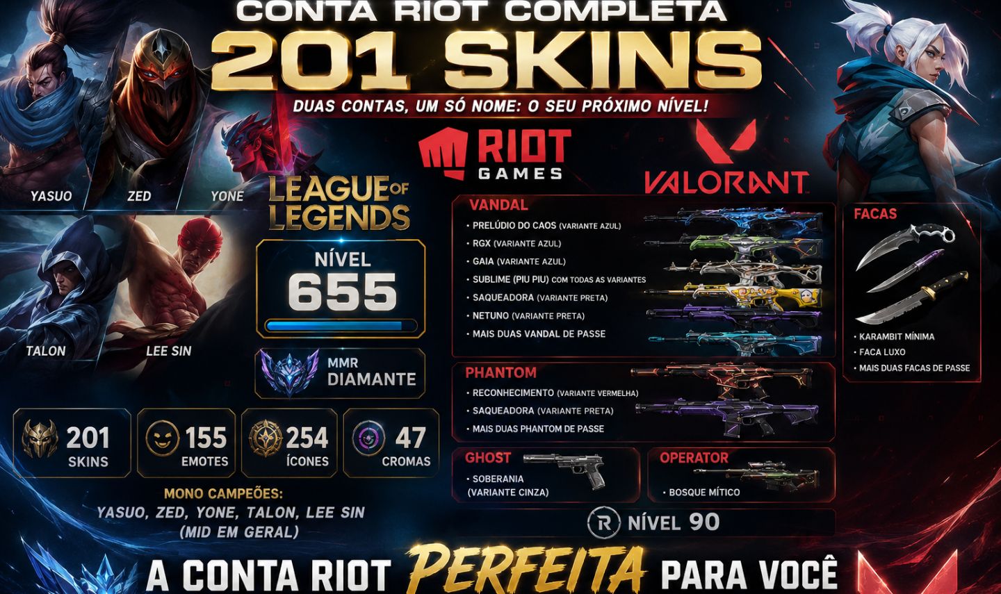 Conta Riot Games | LOL + VALORANT | 200+ SKINS LOL | VALORANT RGX SUBLIME GAIA++