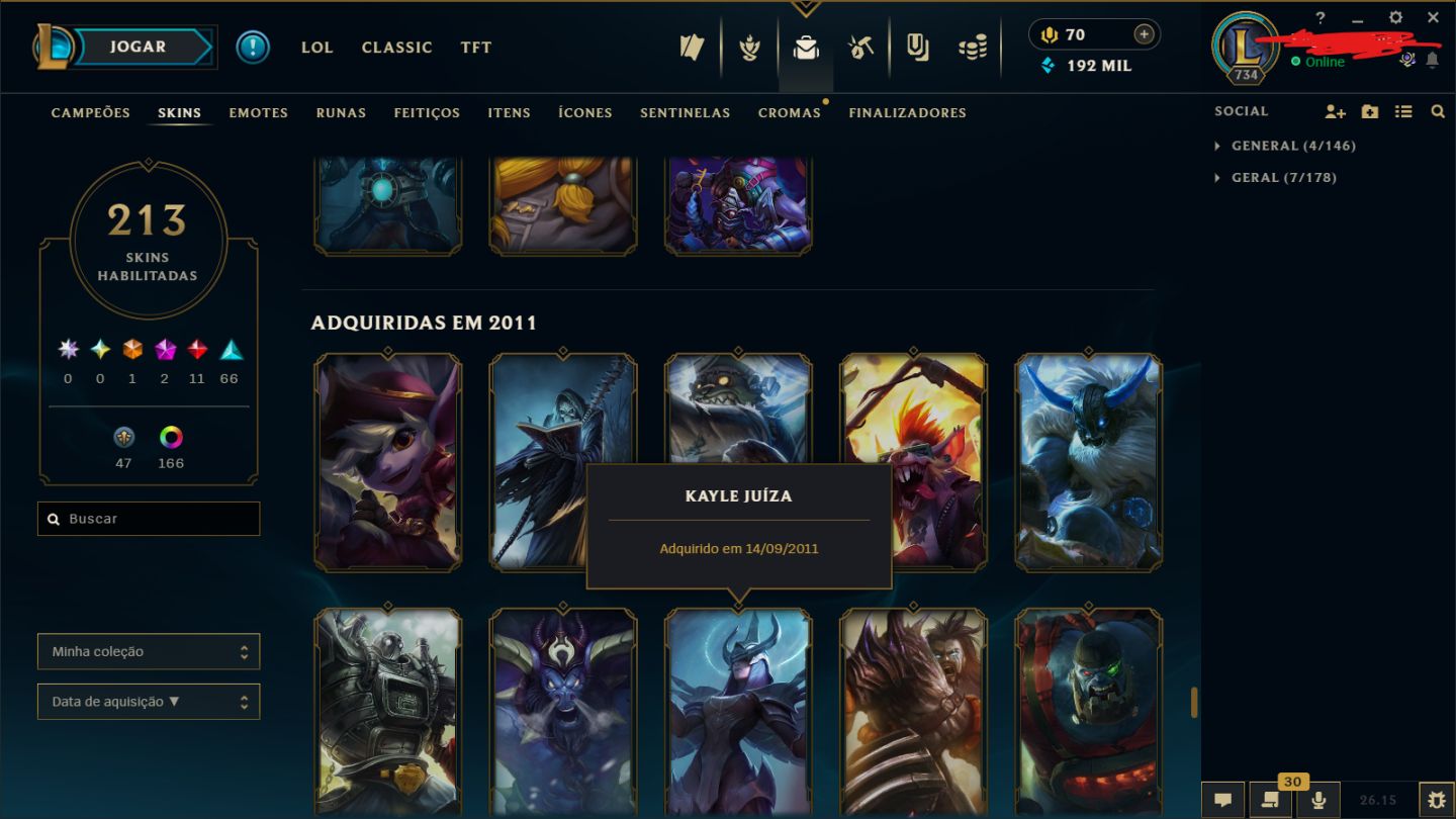 "CONTA BETA 2009 | Rammus Rei + Kayle Juíza | 200 Skins | Esmeralda II". LVL:734