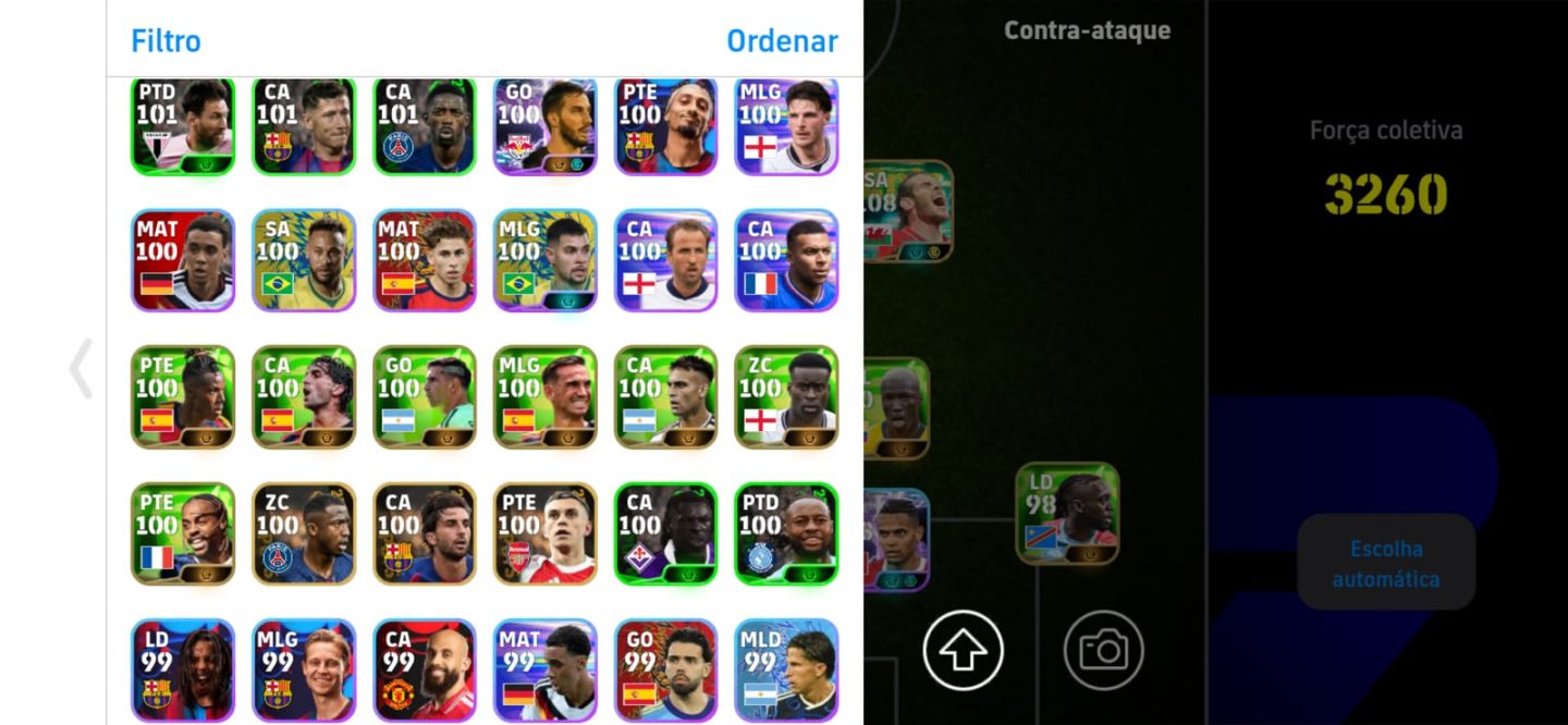 Conta de eFootball, 3260 de força. Del Pieiro 108 blitz, Pelé 109, Bale 108