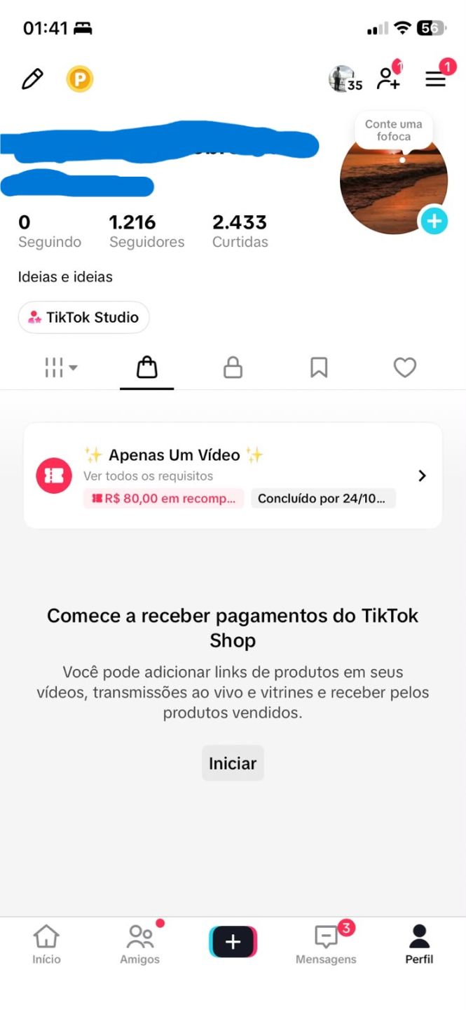 CONTA TIKTOK 1,2K SEGUIDORES, SHOP APROVADO | NICHO DEUS | SEM DOC
