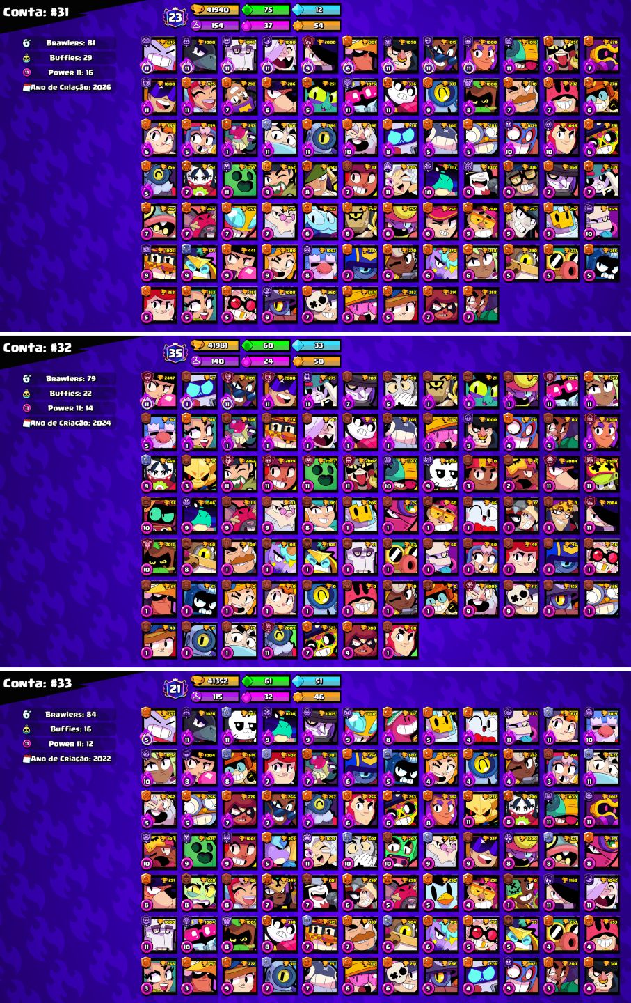 CONTAS BRAWL STARS c/LENDÁRIOS e MUITOS TROFÉUS!!