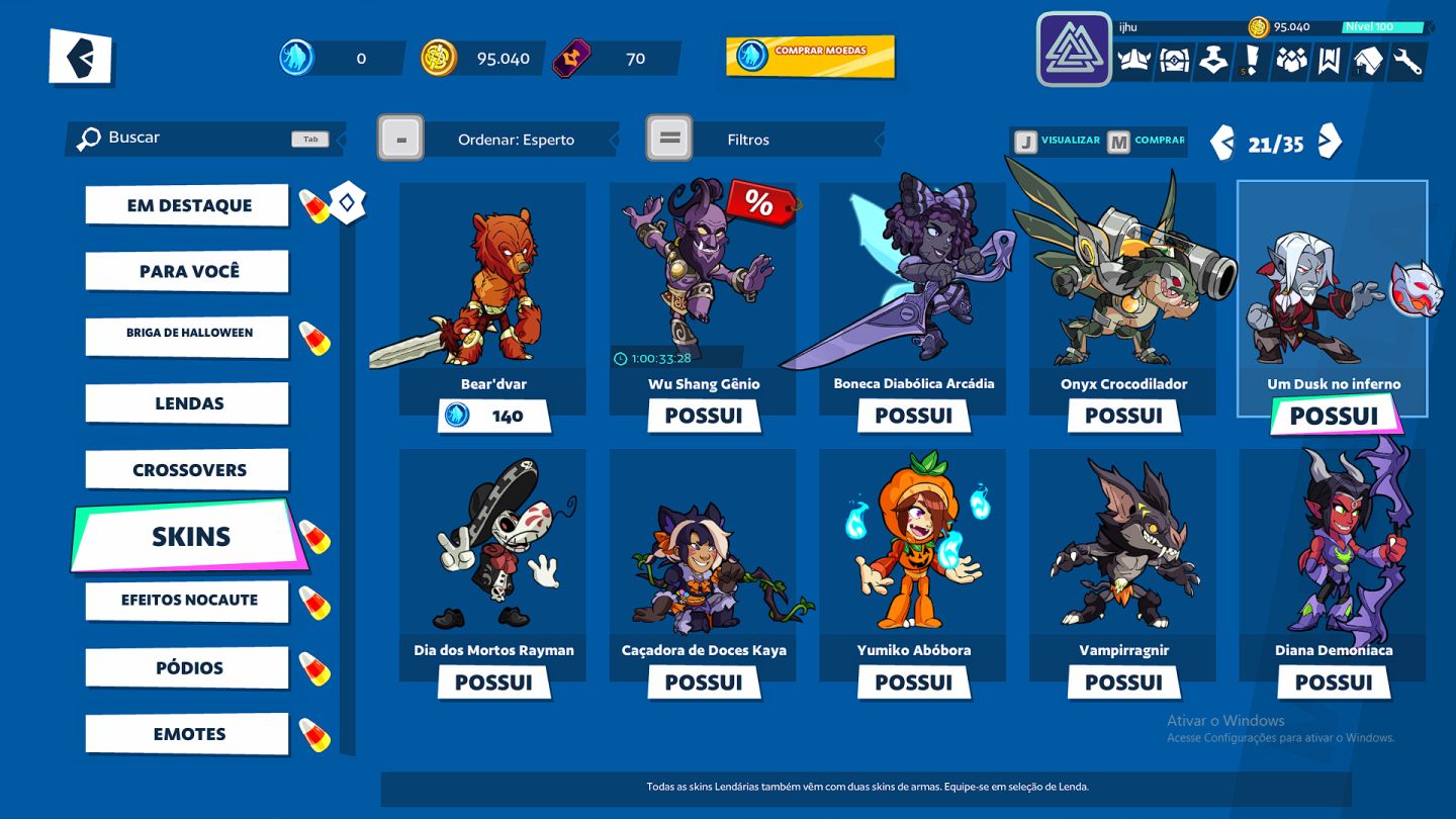 Conta brawlhalla com bastante skin e tudo mais