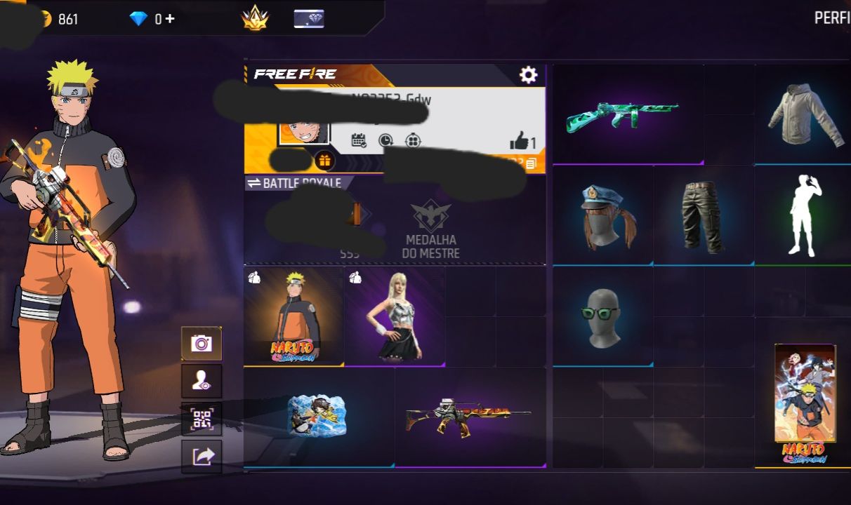 CONTA FF NIVEL 23 + SKIN DO NARUTO + BIO DE BATALHA + GELO + MOCHILA SHURIKEN