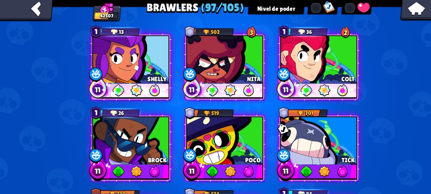CONTA TOP BRAWL STARS / 42.5K TROFÉUS / 102 BRAWLERS / NORI PODER 11 + SKIN