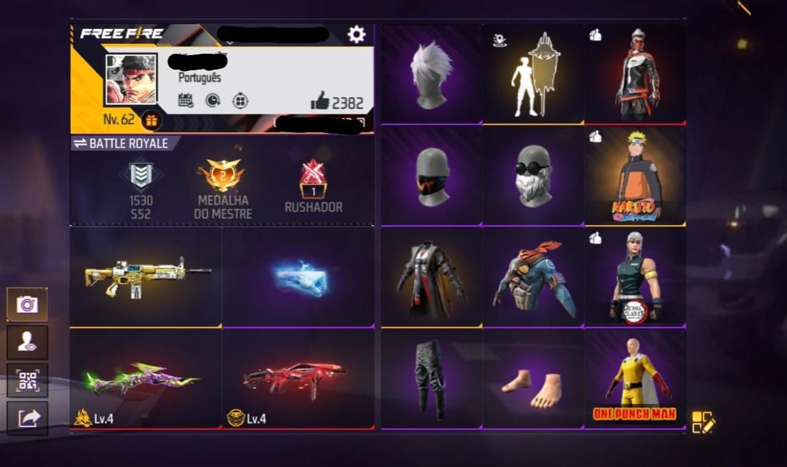 Conta de FF prime 7 com NARUTO, pé descalço, sombra roxa e jazz clássico