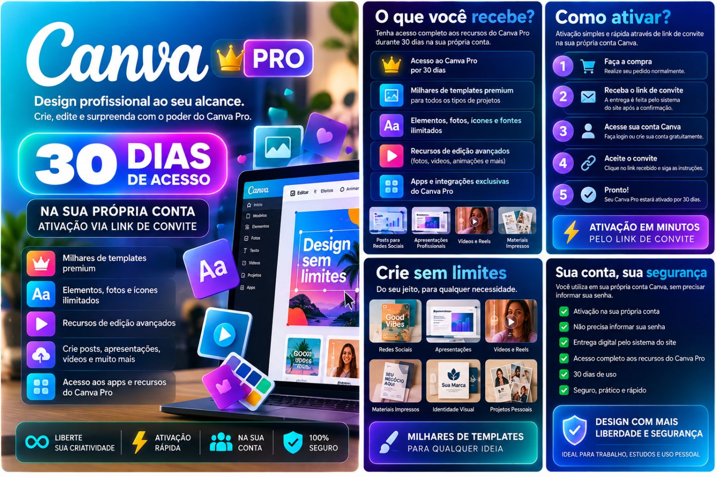 Canva Pro 30 Dias | Link de Convite | Ativação na Sua Conta | Recursos Premium