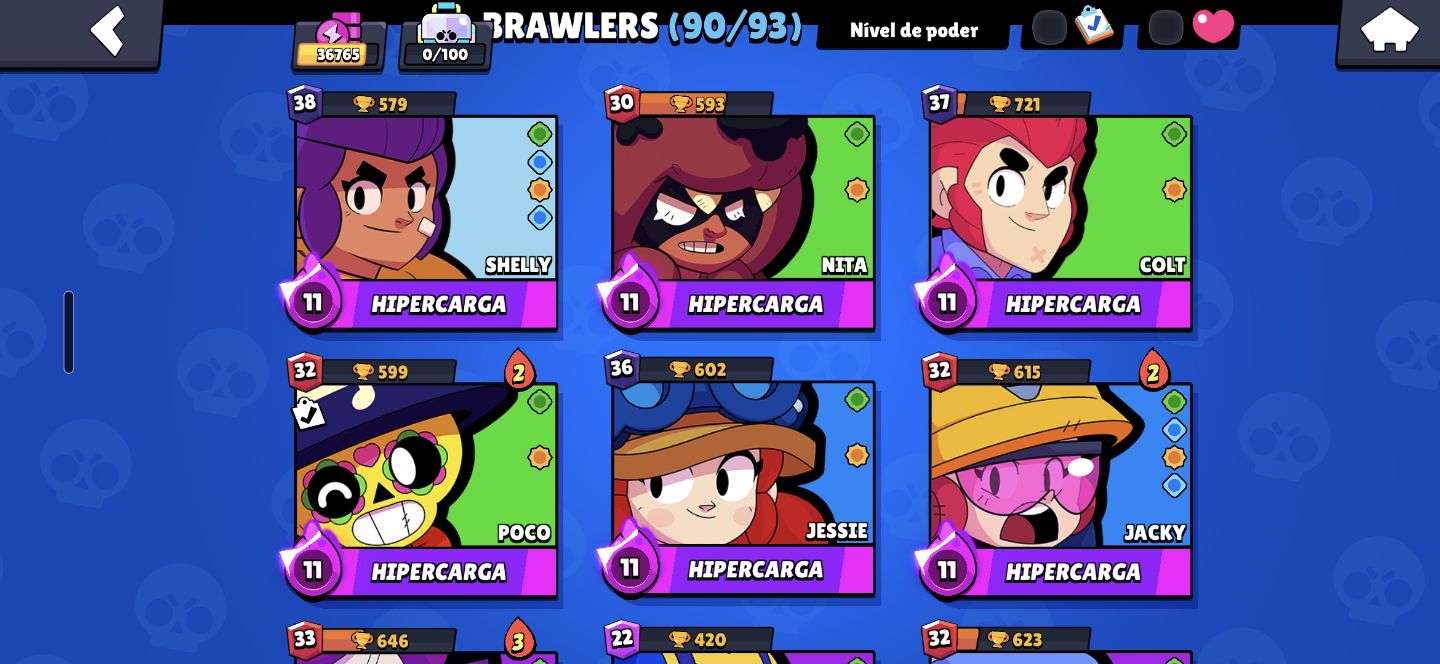 Conta de Brawl Stars com 36k de troféus e 90 brawlers