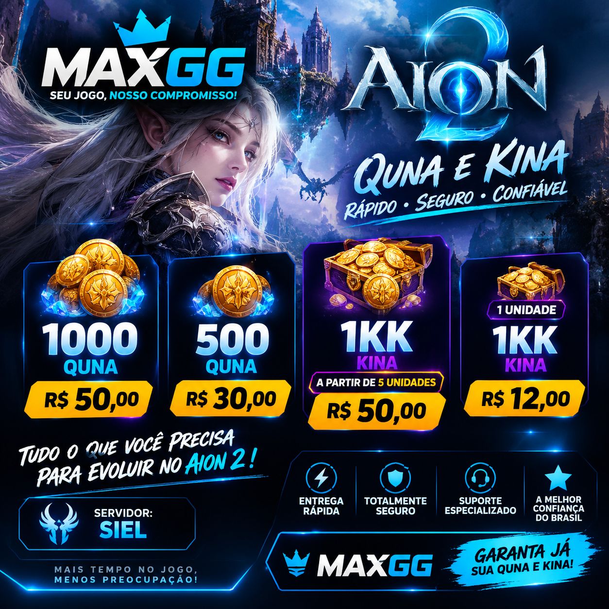 Aion 2 Siel | Quna e Kina | 1000 Quna R$ 50 | 500 Quna R$30| 5KK Kina R$50