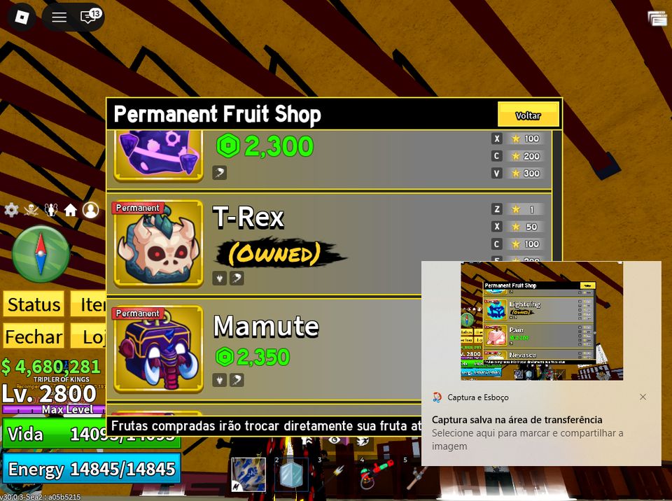 CONTA BLOX FRUITS | 4 FRUTAS PERMANENTES ICE LIGHTNING T-REX