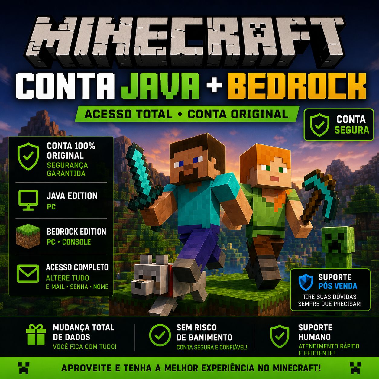 Minecraft conta Full acesso Java bedrock