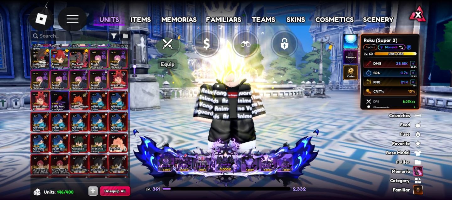 Conta Anime Vanguards Endgame + Skins Roblox