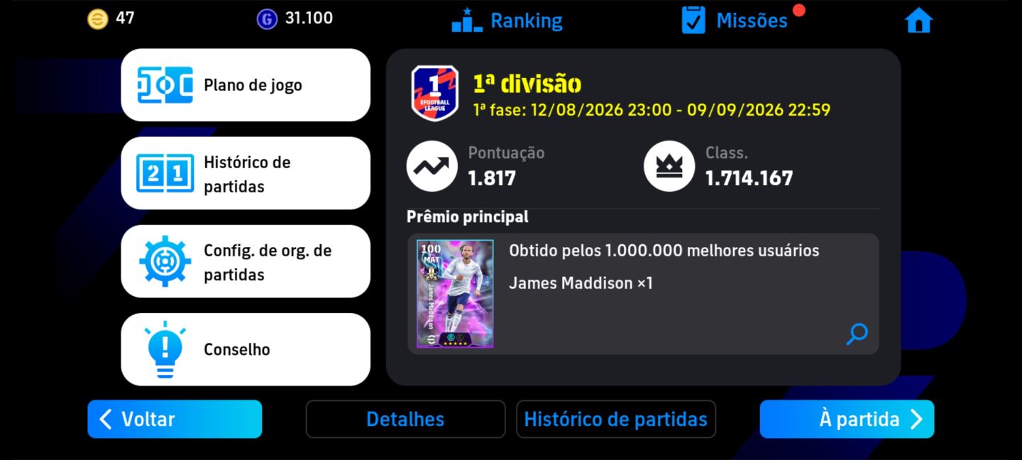 Upo para a divisão 1 no efootball (ELOJOB EFOOTBALL MOBILE)