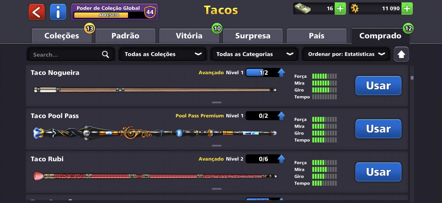 Conta de 8 ball pool muito boa nível 44 com muitos tacos fortes