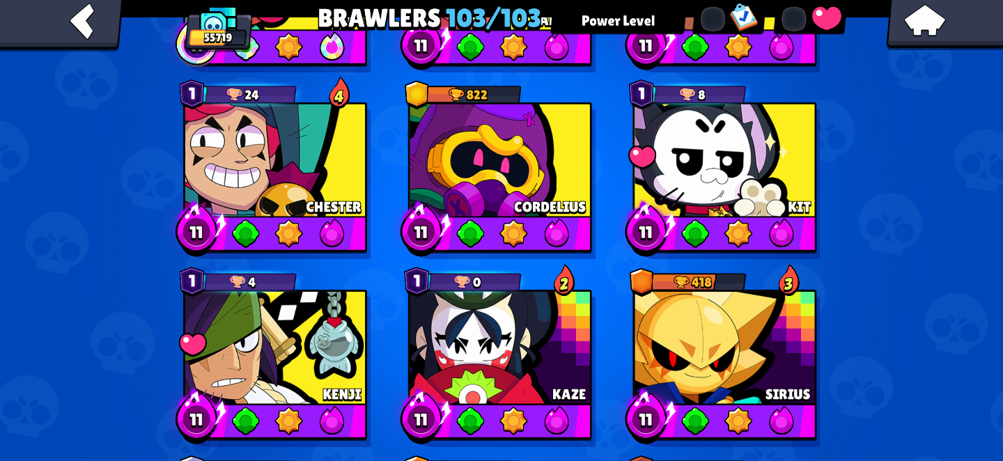[55K TROFÉUS]CONTA FULL BRAWLERS(103/103)-25 HYPERCHARGES-MUITOS LEVEL 11 FULL
