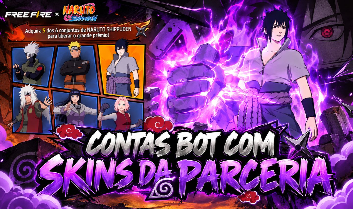 CONTAS BOT FF | SKINS DA PARCERIA NARUTO SHIPPUDEN !!
