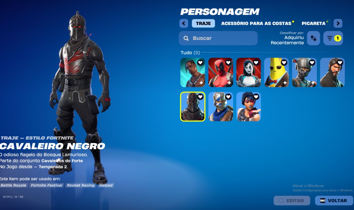 CONTA FORTNITE CAVALEIRO NEGRO, JOHN WICK, TRAVIS SCOTT + SALVE O MUNDO