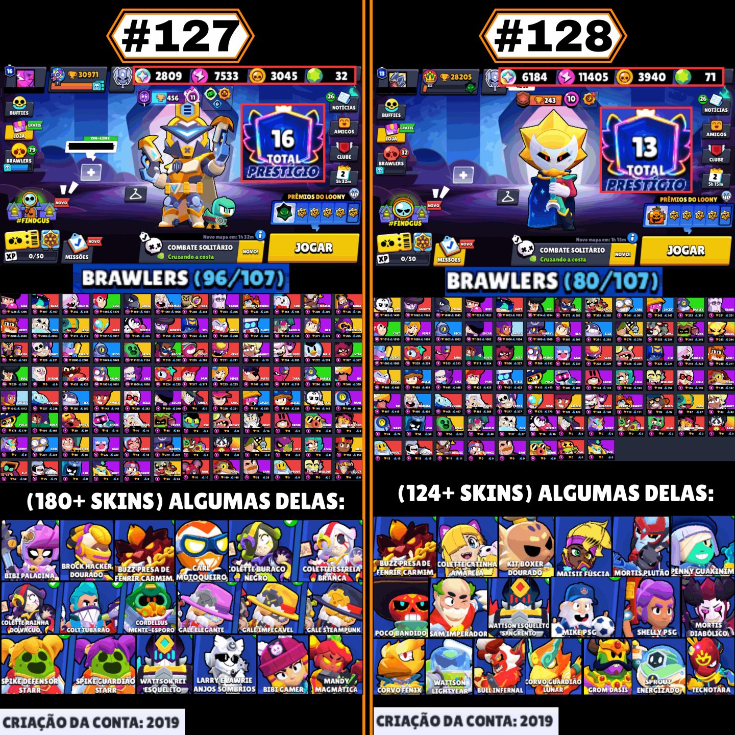 CONTAS BRAWL STARS | LENDÁRIOS, HIPERCARGAS, SKINS RARAS, P11, GEMAS, TROFÉUS