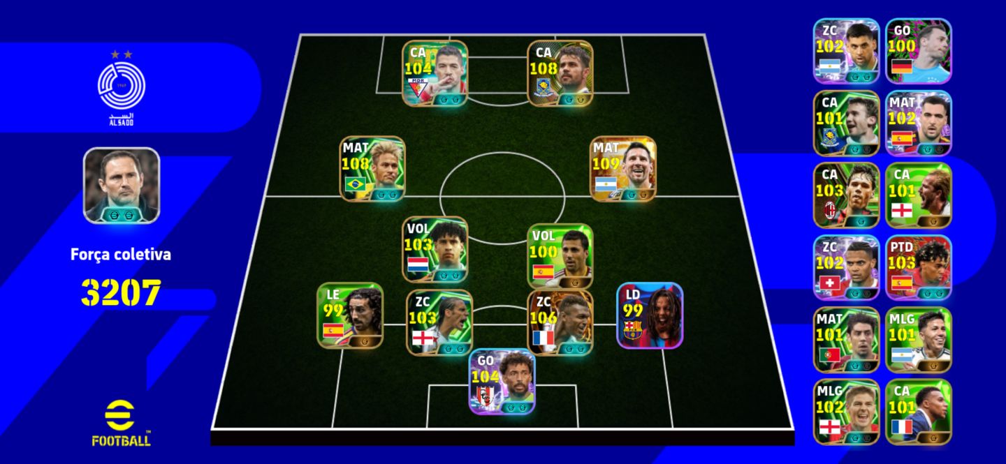 Conta efootball com messi 110, neymar 108, desaily 107 e diego costa 108