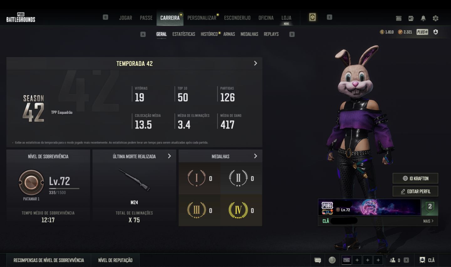 Conta PUBG Kar98k lendária + Chroma + 1810 Gcoins + 513 cupons de contrabando