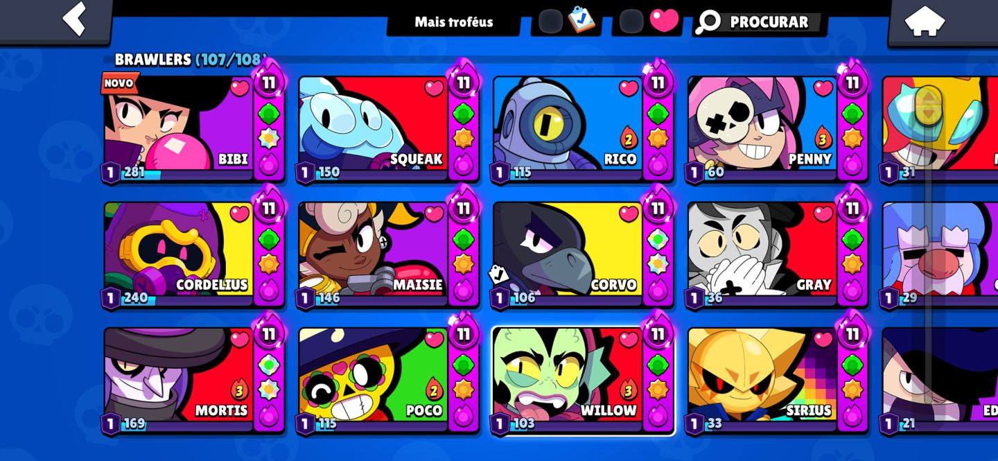 CONTA BRAWL STARS FULL | 48K TROFÉUS | 107/108 BRAWLERS | 262 SKINS | 21 PRES