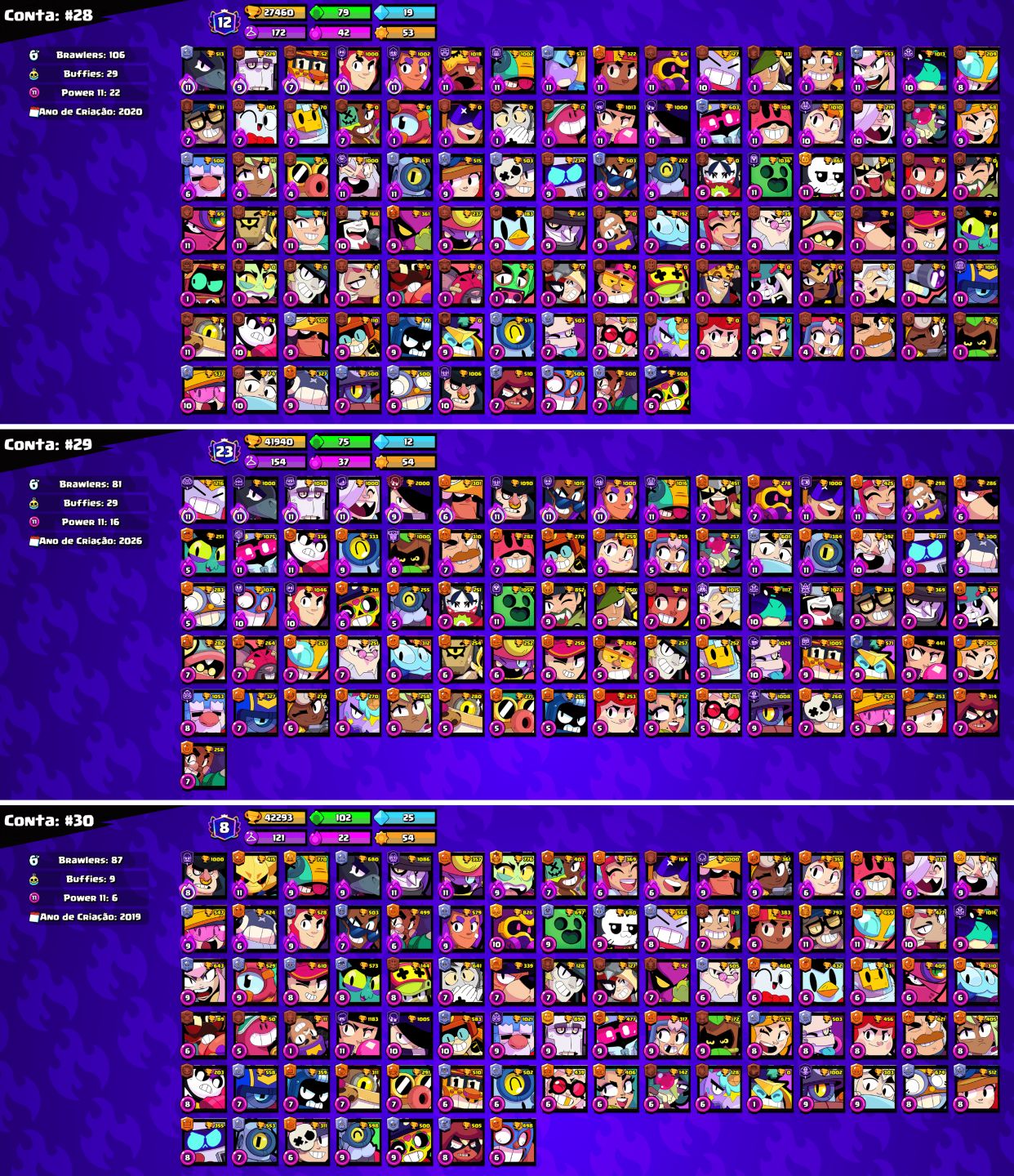 CONTAS BRAWL STARS c/LENDÁRIOS e MUITOS TROFÉUS!!