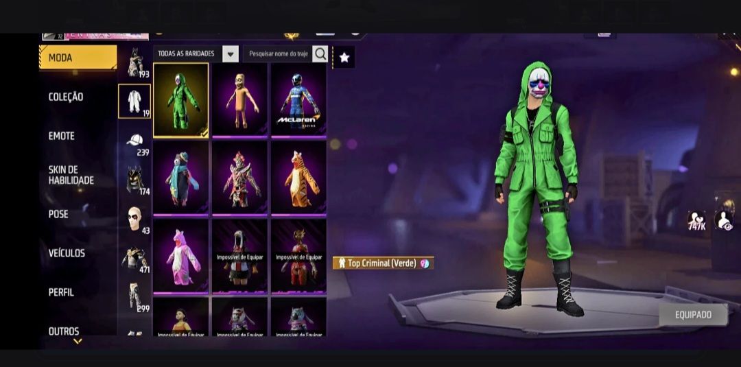 Conta Free Fire Gemada | 450+ Peitorais | Fadinha | Criminal Verde