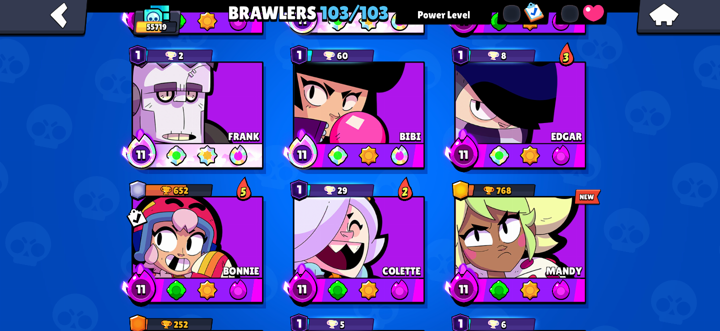 [55K TROFÉUS]CONTA FULL BRAWLERS(103/103)-25 HYPERCHARGES-MUITOS LEVEL 11 FULL