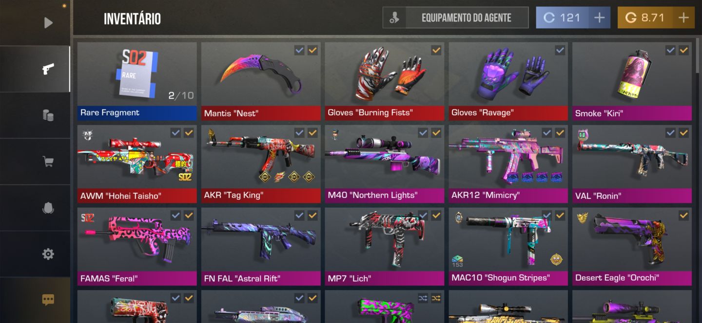 CONTA DE STANDOFF COM 1 FACA E 2 LUVAS E ALGUMAS ARMAS RARAS